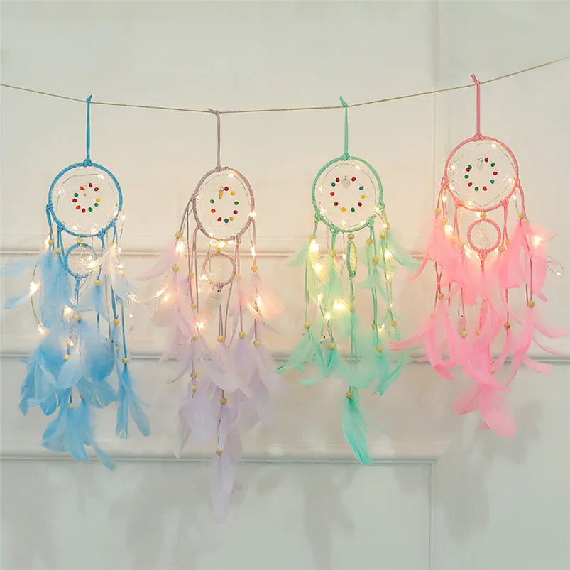 Dream Catcher Handmade Dreamcatcher Feathers Night Light Girl Room Bell Bedroom Romantic Hanging Decoration Home Decor 35JY2408