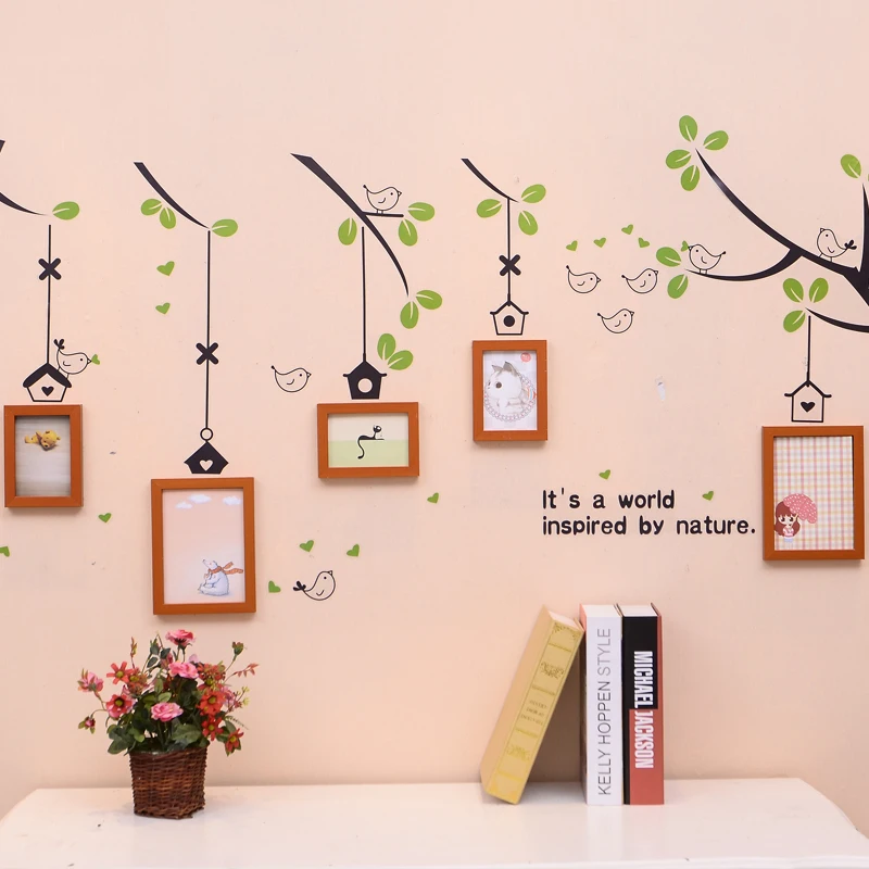 

5 pcs Family Tree Photo Frame Set with Birds Tree Sticker,Black White Wedding Photo Frames Plastic Picture Frame Home Wall Dec