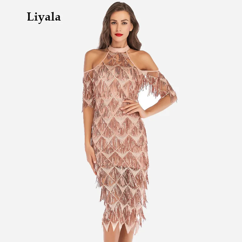 

Womens Tassel Sequins Bodycon Party Dress Midi Elegant Halter Neck Off Shoulder Summer Dress Female Slim Club Dresses Robe Femme