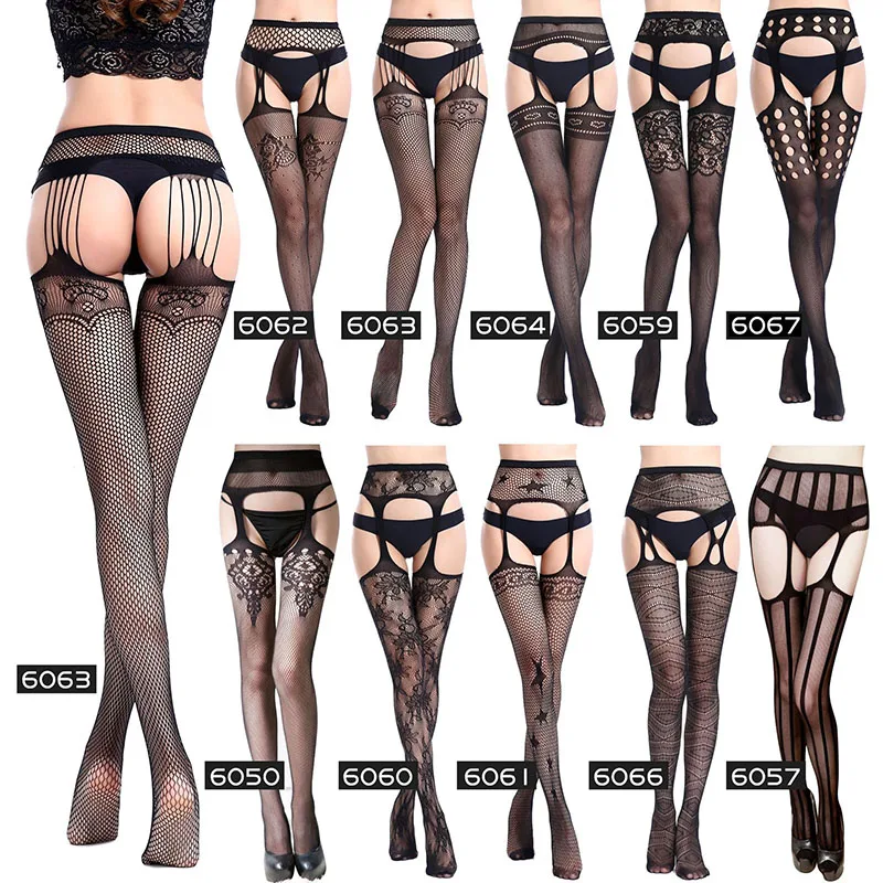 

Women Sexy Stockings Lingerie Open Crotch Stripe Lace Elastic Transparent Black Hollow Out Tights Thigh Sheer Pantyhose B6050-67