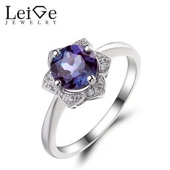 

Leige Jewelry Lab Alexandrite Promise Engagement Ring 925 Sterling Silver Ring Color Changing Gemstone June Birthstone Round Cut