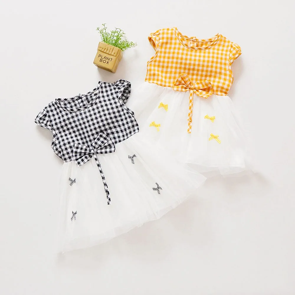 

Cotton Summer Fashion Kids Dress For Girls Regular O-neck Sleeveless Knee-length Cute Bowknot Plaid Children Dress For Girls