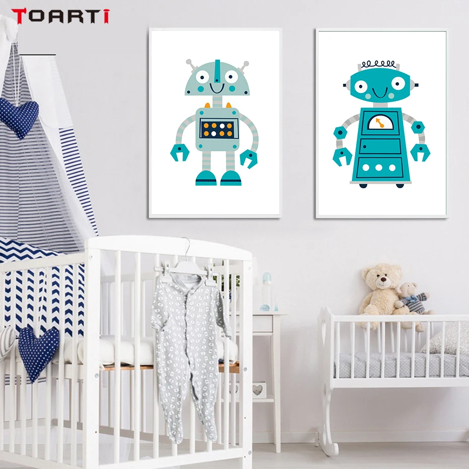 Different Cute Robot Canvas Painting Simple Colorful Cartoon Posters&Prints For Kids Room Nursery Wall Decoration Christmas Gift (4)