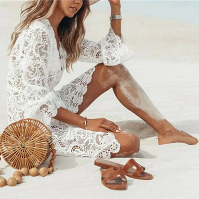 New Summer Women Bikini Cover Up Floral Lace Hollow Crochet Swimsuit Cover-Ups Bathing Suit Beachwear Tunic Beach Dress Hot W3