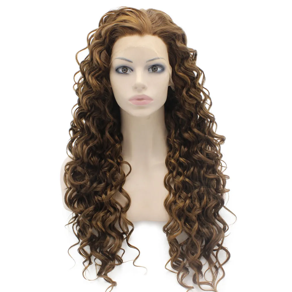 

DHL Free S18 26" Extra Long Curly Highlighted Brown Heat Friendly Lace Front Synthetic Wig