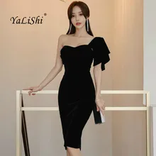 Lisa, primavera vestido De negro De las mujeres sin mangas rojo uno-hombro vestido De la rodilla-longitud elegante Vestidos De Gala Vestidos De terciopelo