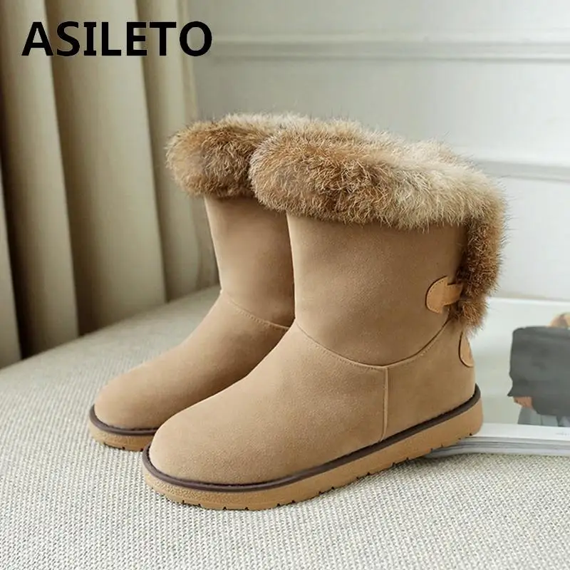 ASILETO snow boots real rabbit fur warm winter shoes ladies ankle boots for women footwear botas bottes feminina S845