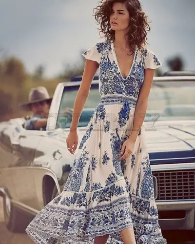 Image Women s Summer Boho Casual Long Beach Dress Sundress Women Casual Print V neck Short Sleeve Mid Calf Loose Dresses