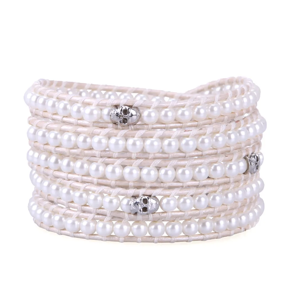 

KELITCH New Bright Sea Shell Pearl Skull Beaded 5 Wrap Bracelets Handmade White Leather Bangles
