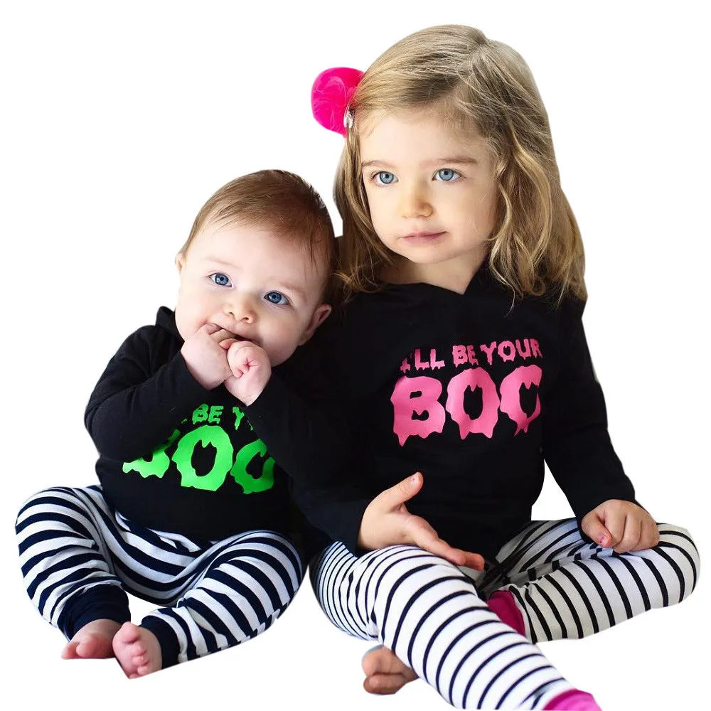 Infant Baby Boy Girl Letter Hooded Tops+Striped Pants Halloween Outfits
