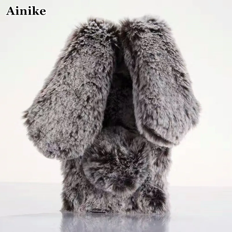 Ainike Warm Winter Hair Furry Bling Diamond Cover Smooth Soft Rabbit Ear Fur Back Case For Sony C6 XA1 Z6 ZA1ULTRA XZpremium M5 |