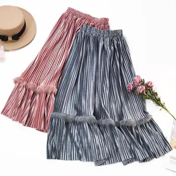 

2020 Spring New Arrival Korean Style Velvet Pleated Skirt Rabbit Hair Stitching Large Pendulum Vintage Skirt Free Shipping