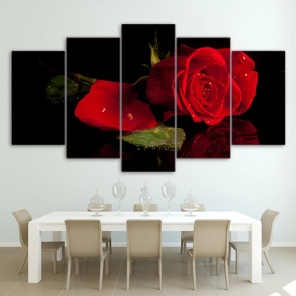 Modular Picture Home Decor Canvas Painting 5 Panel Beautiful Red Rose