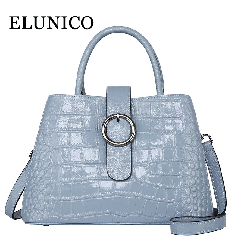 

ELUNICO Summer 2018 Sky Blue Split Leather Women Handbag Ladies Crocodile Fashion Shoulder Messenger Bag Tote Bags Sac A Main