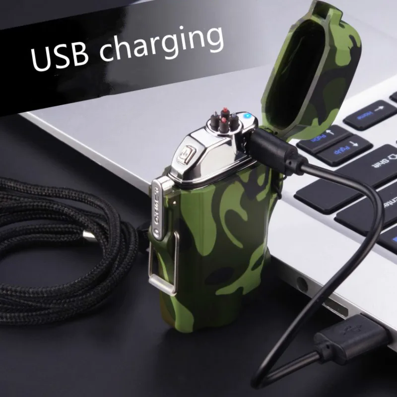 USB Waterproof Electric Plasma Lighter Camouflage With Flashlight Outdoor Double Arc Pulse Lighter Windproof USB Lighter NEW