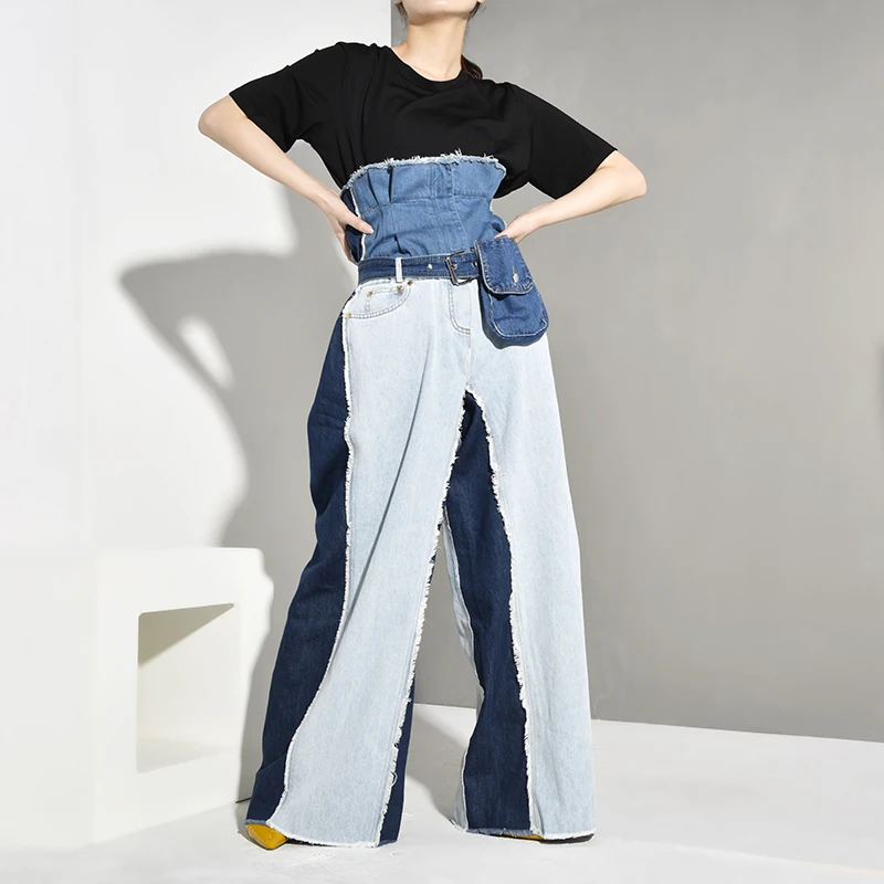 [EAM] широкие, контрастные цвета, большие размеры, длинные джинсы, новинка, высокая талия, свободные, женские брюки, модные, весна-осень JR8410