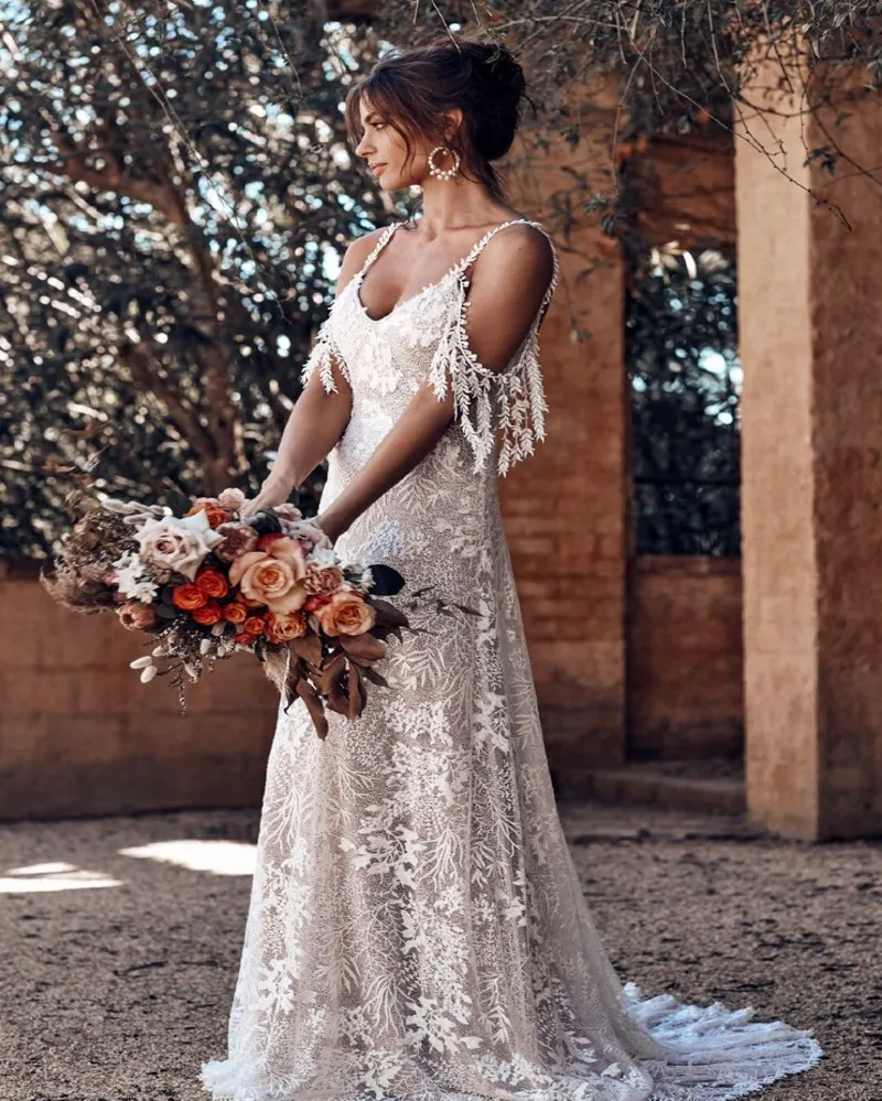 Сексуальное Кружевное пляжное свадебное платье с открытой спиной, винтажное богемное платье Vestido De Noiva, v-образный вырез, с кисточками, на тонких бретелях, богемные свадебные платья
