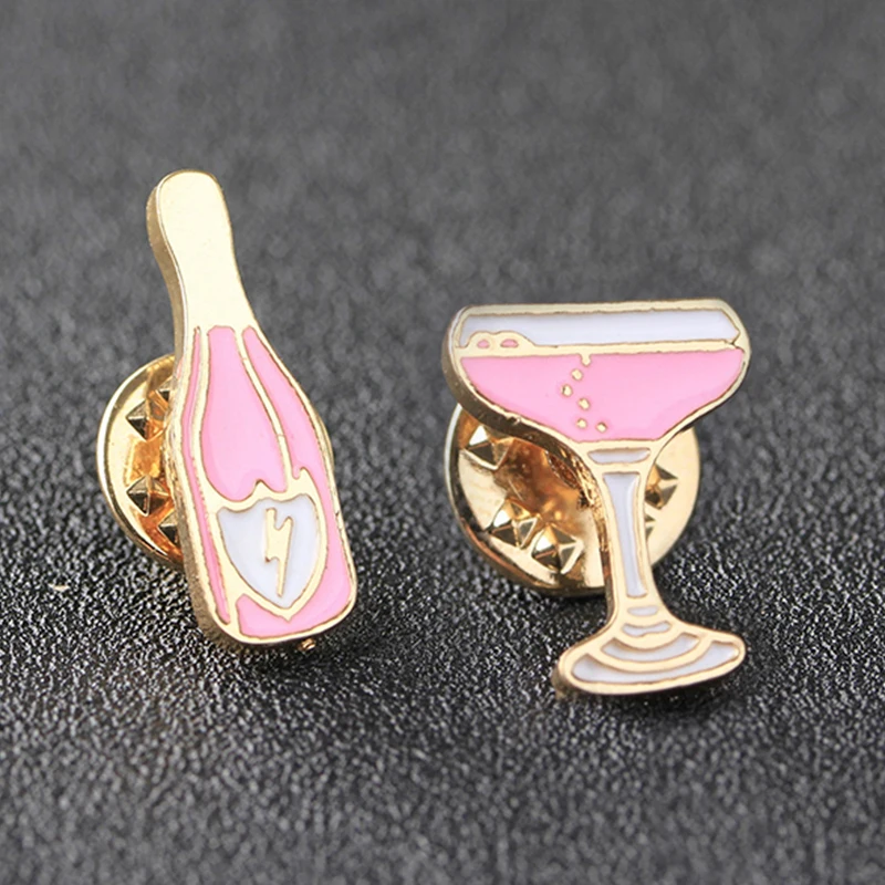 

2018 A Pair Fashion Cartoon High-End Goblet Wineglass Cup Bottle Series Pink Hat Enamel Badge Cute Girl Jewelry