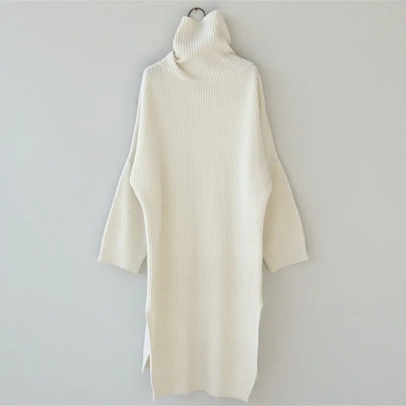 Корейское Модное Длинное платье-свитер, женское осенне-зимнее плотное вязаное платье с высоким воротником, дамское платье с высоким разрезом сзади размера плюс - Цвет: beige