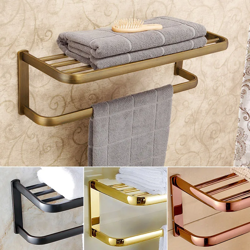 Luxury Wall Mount Bathroom Bath Towel Shelf Towel Bar Brass Good Quality Towel Rack 4 colors