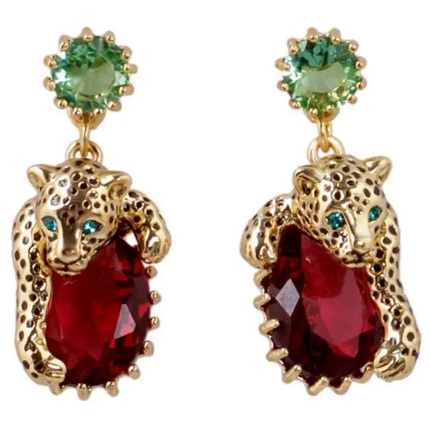 

High quality New Fashion Leopard Earring Copper Base Gold Plating Hand Painted Enamel Red stone Rhinestone Design Drop Earrings