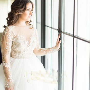 

Scoop Neckline Plus Size Beads Wedding Dresses with Lace Applique and Long Sleeves Backless A-line Bridal Dress vestido de novia