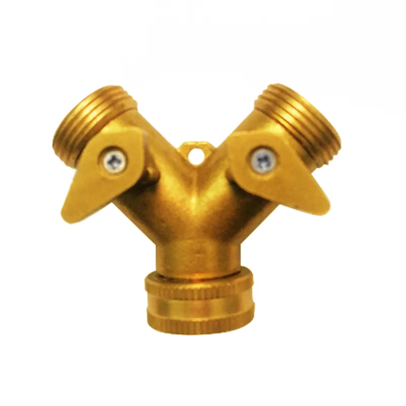 Gardening Irrigation Tool 3/4 Inch 2 Way Splitter Brass Water Hose Tap Quick Connector with Valve