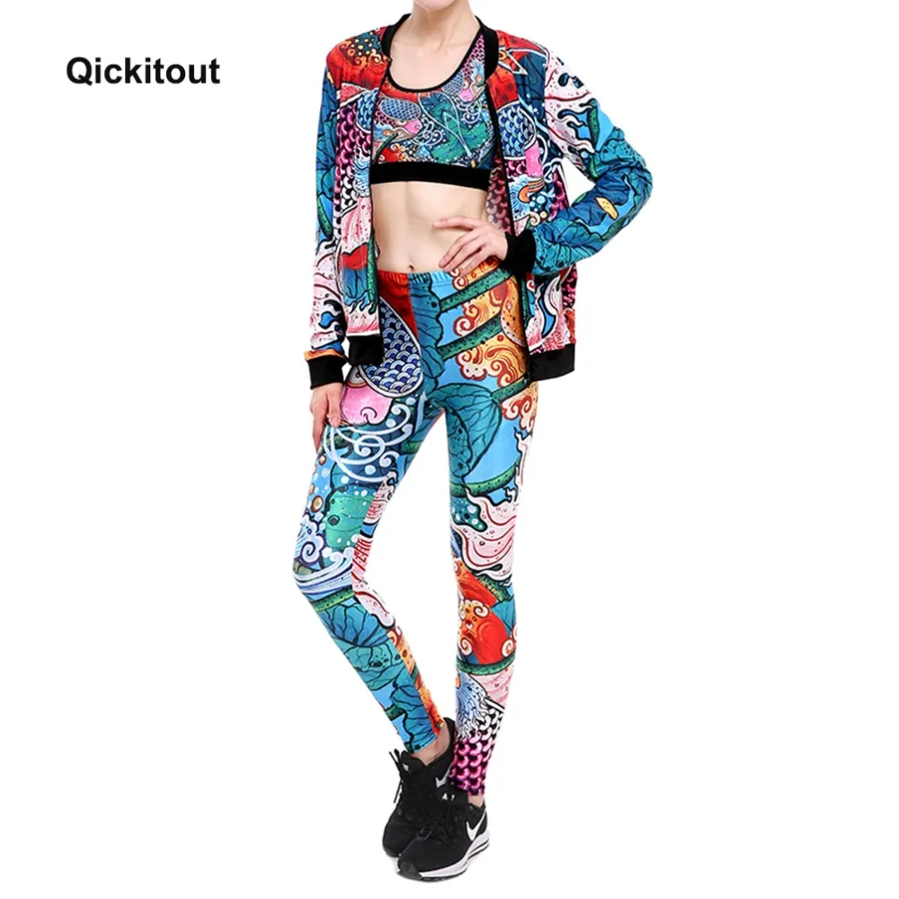Qickitout Новинка года, китайский стиль, татуировка карпа, индивидуальный стиль, принт, свитер, Женская быстросохнущая футболка для йоги женские модные жакеты