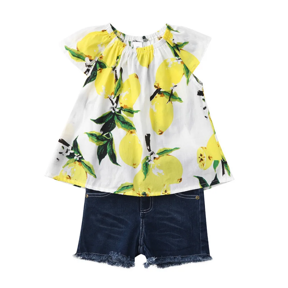 New Fashion Summer Childern Sets Toddler Baby Girls Fruits Lemon Print Ruffle Tops+Hole Denim Jean Shorts Outfits Girl Clothes