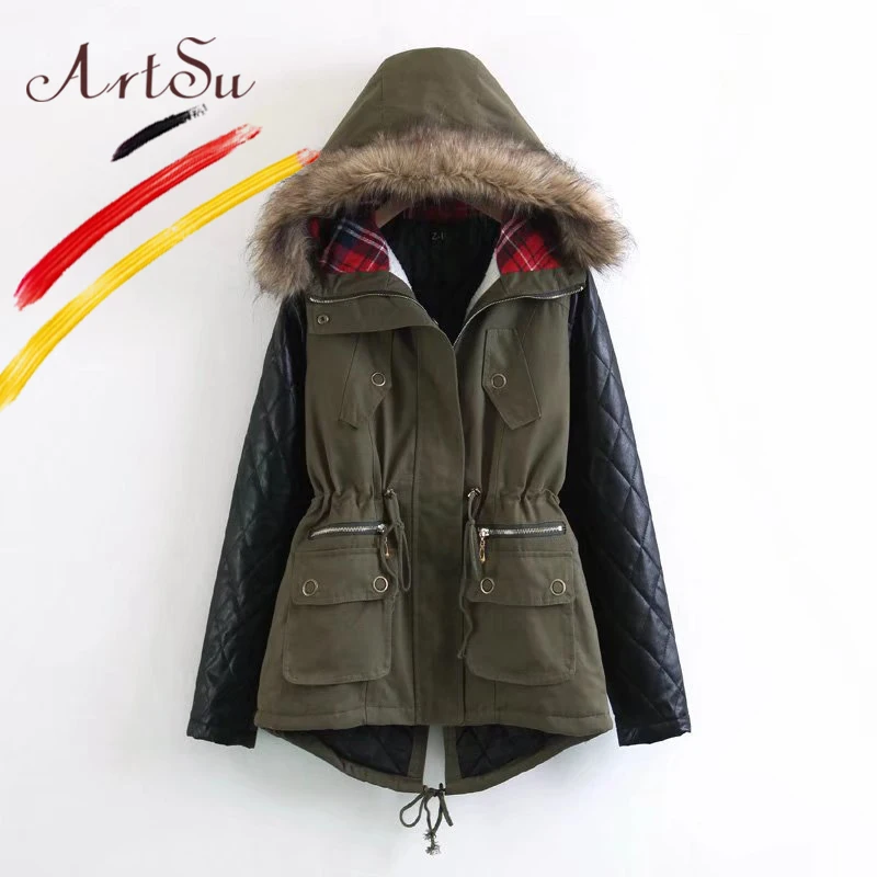 ArtSu Winter Jacket Women's Faux Fur Collar Hooded Coats