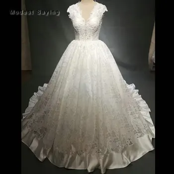 شراءالعاج العاهل الفاخرة غطاء الكرة ثوب الدانتيل فساتين الزفاف 2018 مع قطار كاتدرائية مطرز كنيسة أثواب الزفاف Vestido دي Noiva
