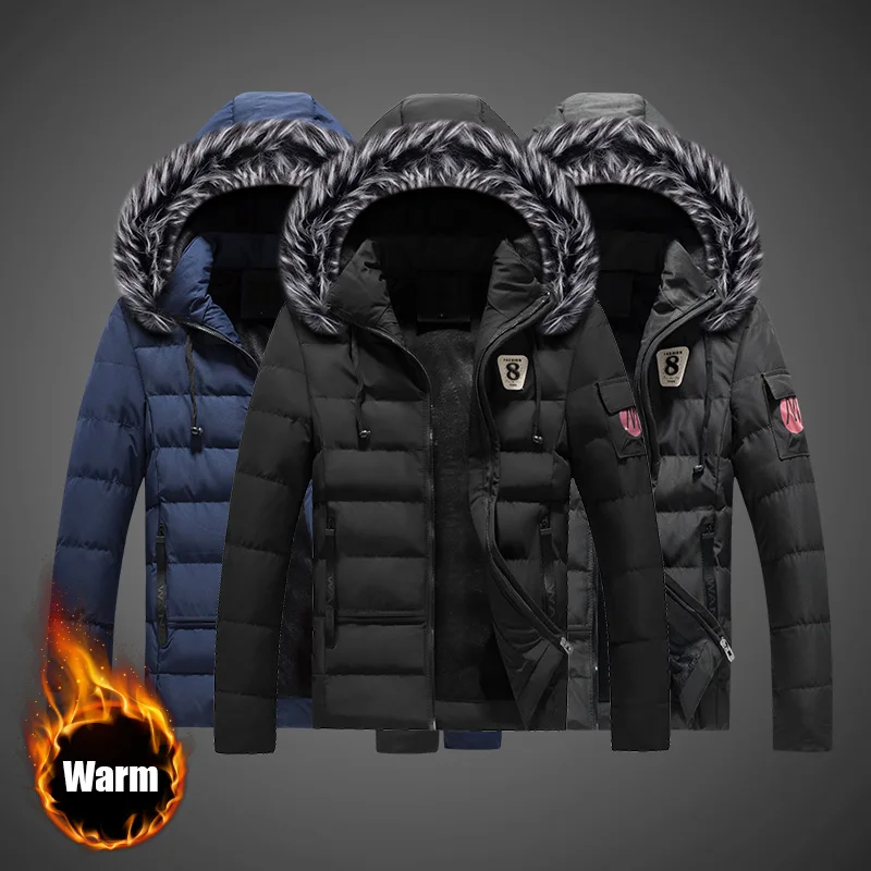 

2019 Fashion Winter Jacket Men Fur Collar Classical Outwear Thick Warm Parkas Men Velvet Simple Hooded Coats Casual Down Jackets