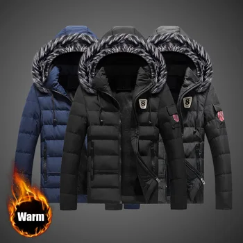 

2019 Fashion Winter Jacket Men Fur Collar Classical Outwear Thick Warm Parkas Men Velvet Simple Hooded Coats Casual Down Jackets