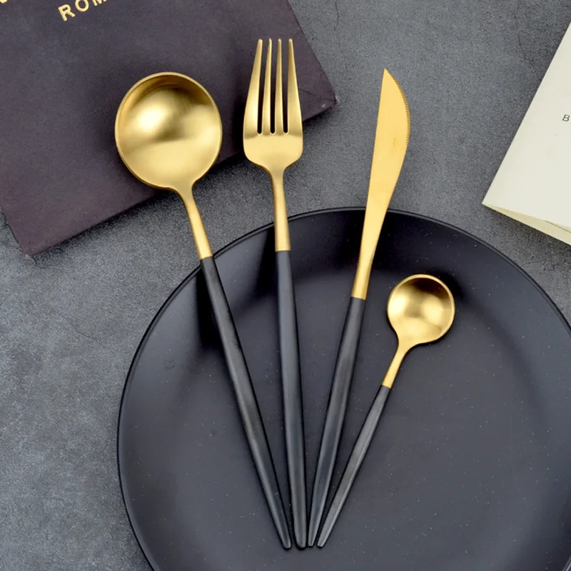 

4pcs/lot Spoon Fork Knife Set Titanium Plated Stainless Steel Tableware Black Gold Drawing Tableware Cutlery Set Spoon Fork