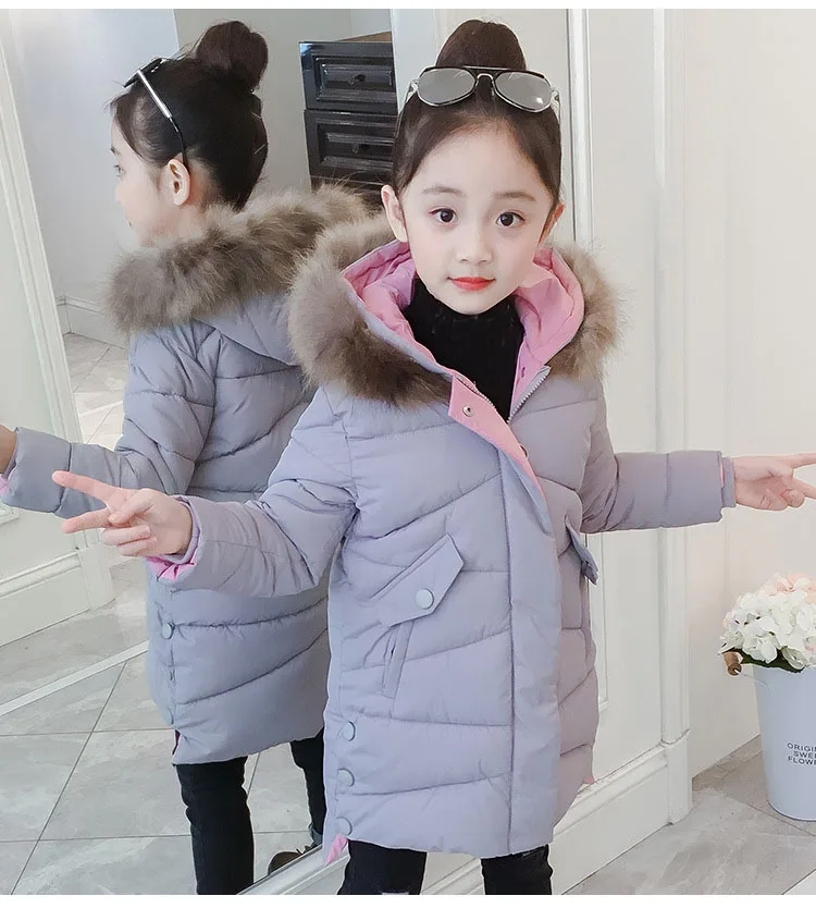 New 2018 Children Outwear Tops Winter Jacket For Girls Fashion Fur Hooded Thick Cotton-Padded Kids Long Coat Solid Parka Clothes (15)