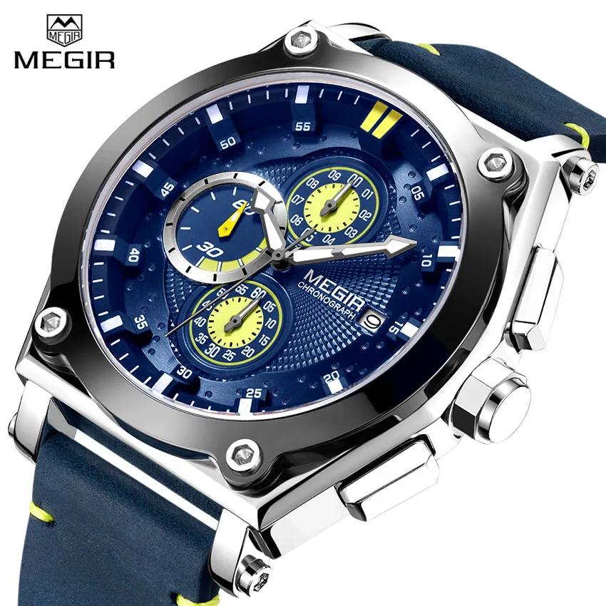 

MEGIR Wrist Watch Sport Men Quartz Watches Leather Strap Band Men's Male Man Army Military Wristwatches Chronograph Time Clock