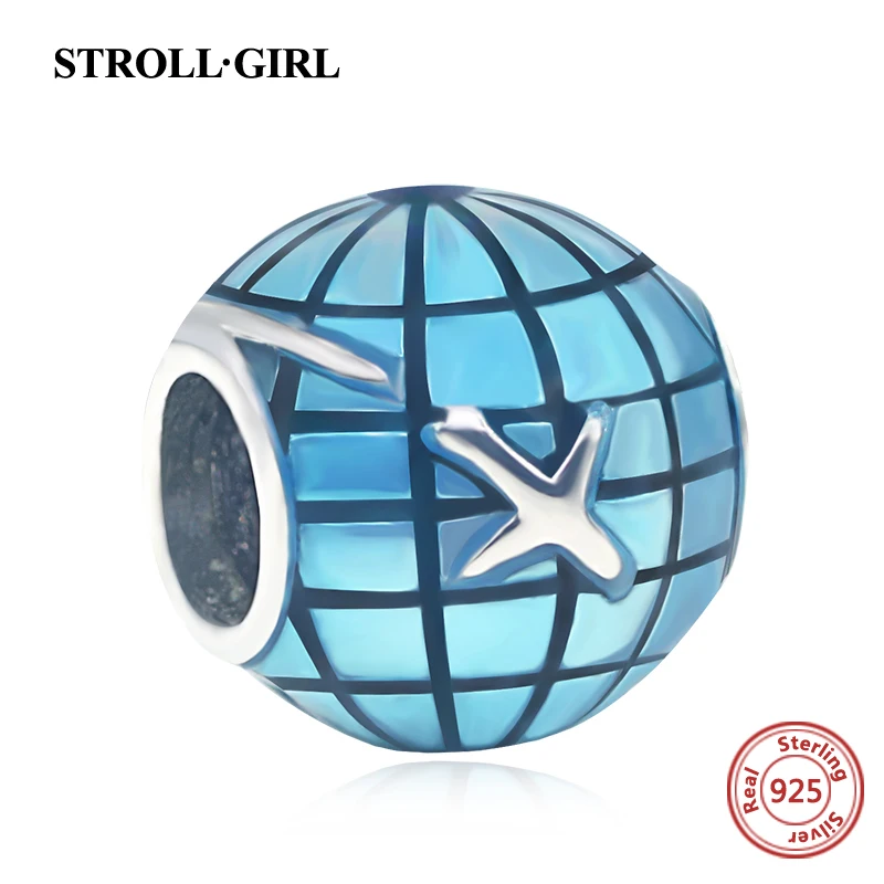 

StrollGirl Collection 100% 925 Sterling Silver Plane With Blue Enamel Map Charm Bead Fit Authentic European Bracelets Jewelry
