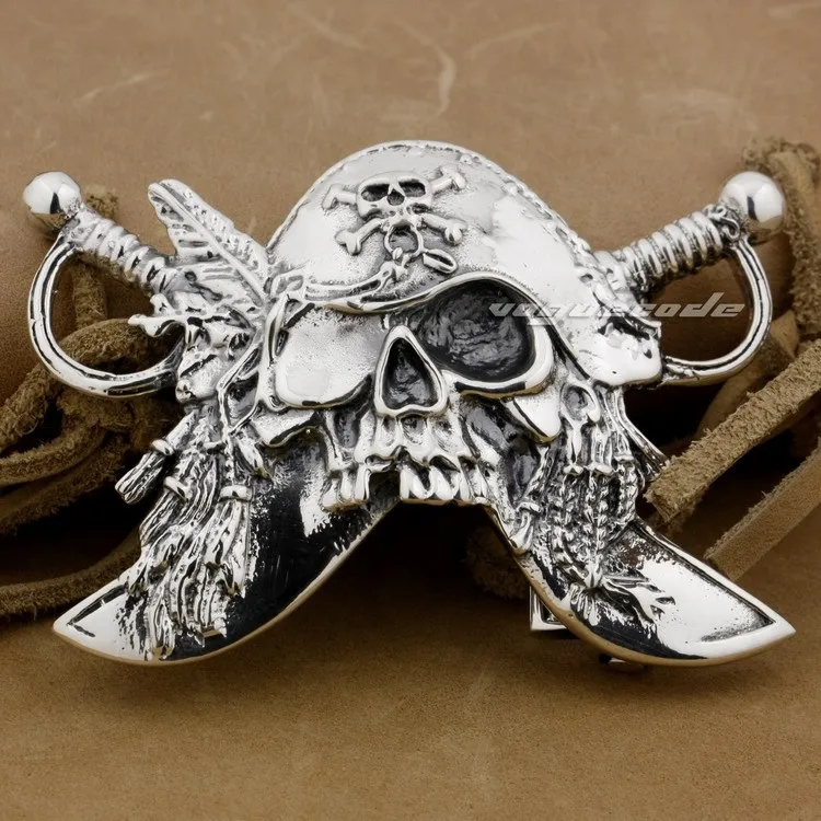 Huge & Heavy 925 Sterling Silver Pirate Mens Biker Rocker Belt Buckle 9C003-in Men&#39;s Belts from ...