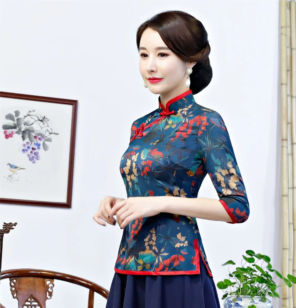 Шанхай история Китайский традиционный Топ цветочный Cheongsam топы короткий рукав китайский Топ для женщин китайская блузка Qipao рубашка