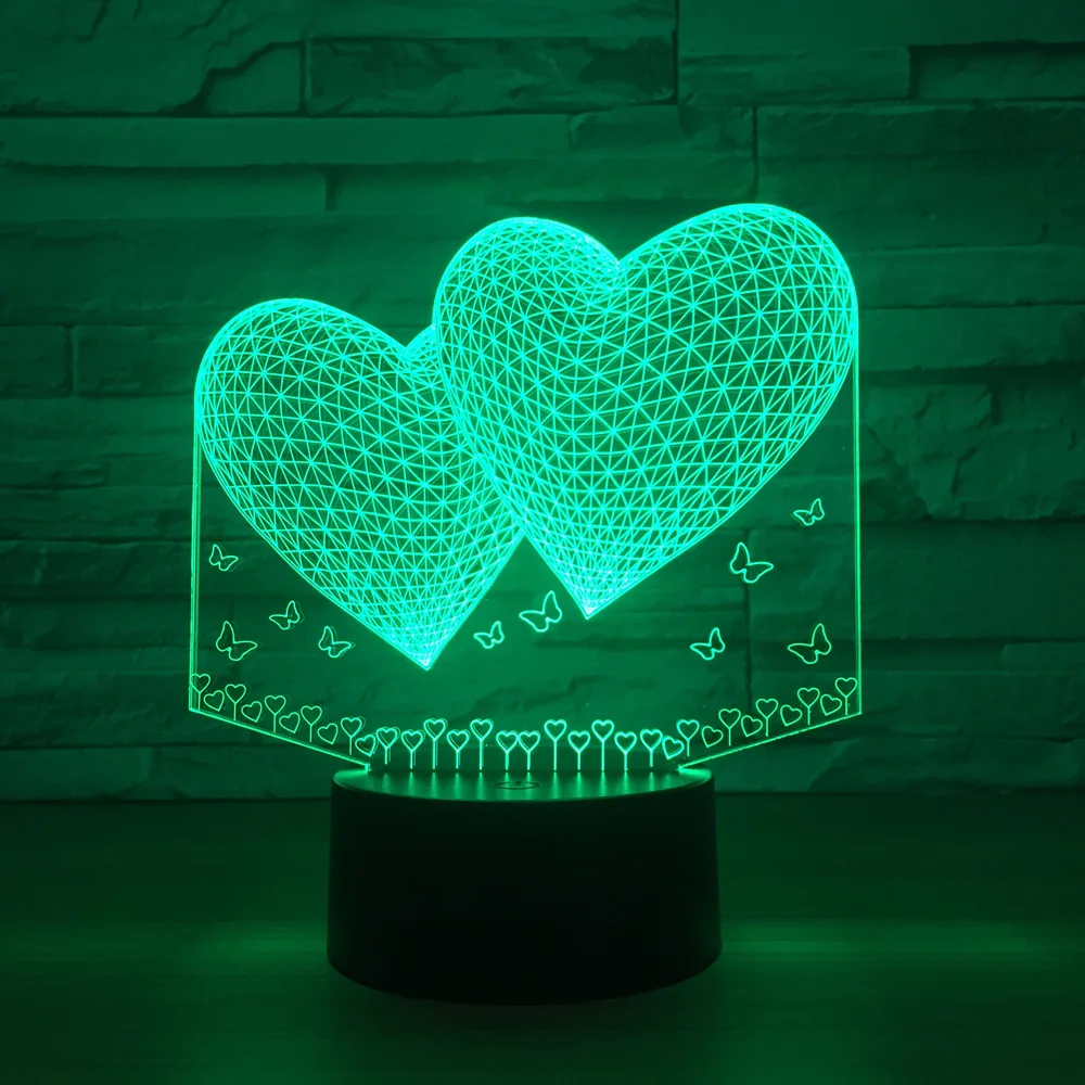 Двойной Два сердца 3d светильник 7 цветов светодиодный ночник для друзей светодиодный сенсорный Usb Таблица Lampara лампе сна Ночная Прямая