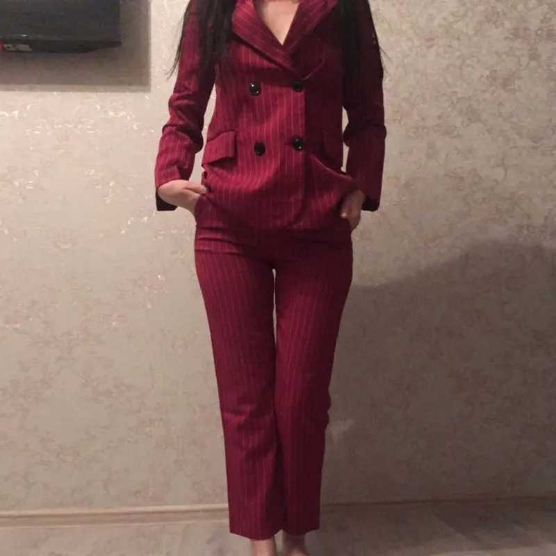 Work Pant Suits OL 2 Piece Sets Double Breasted Striped Blazer Jacket& Zipper Trousers Suit For Women Set Feminino Spring