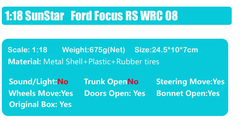 Малыш 1 18 Sunstar большой Ford RS WRC 2008 ралли Acropol Спортивные Гонки № 9 F. Villagra литье под давлением модель автомобиля масштаб игрушка в подарок