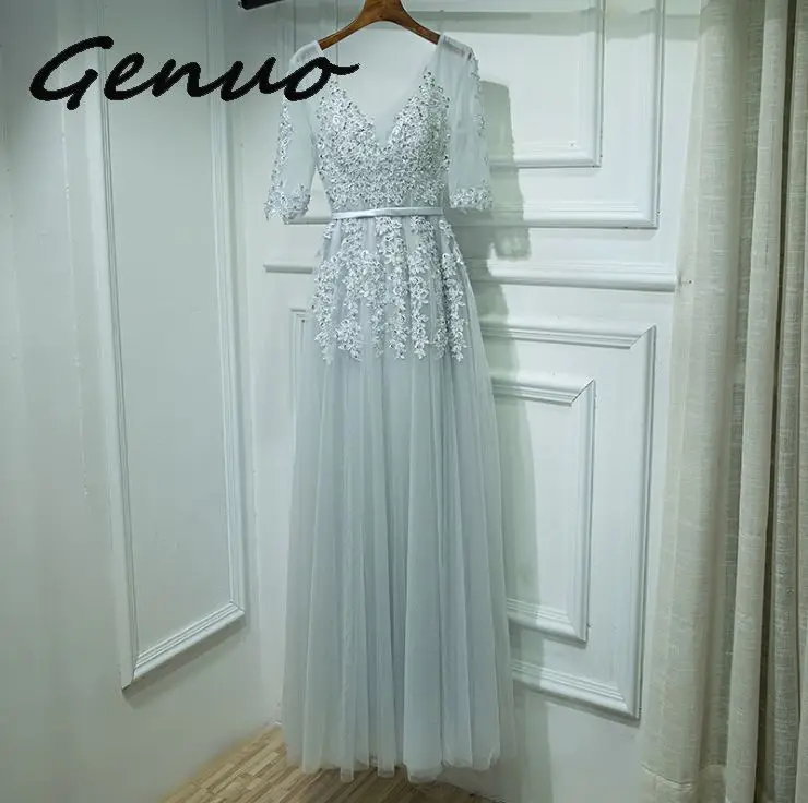 Genuo Новое сексуальное платье с v-образным вырезом Robe De Soiree Высокое качество Серый Тюль с аппликацией платья настоящая фотография vestido de festa