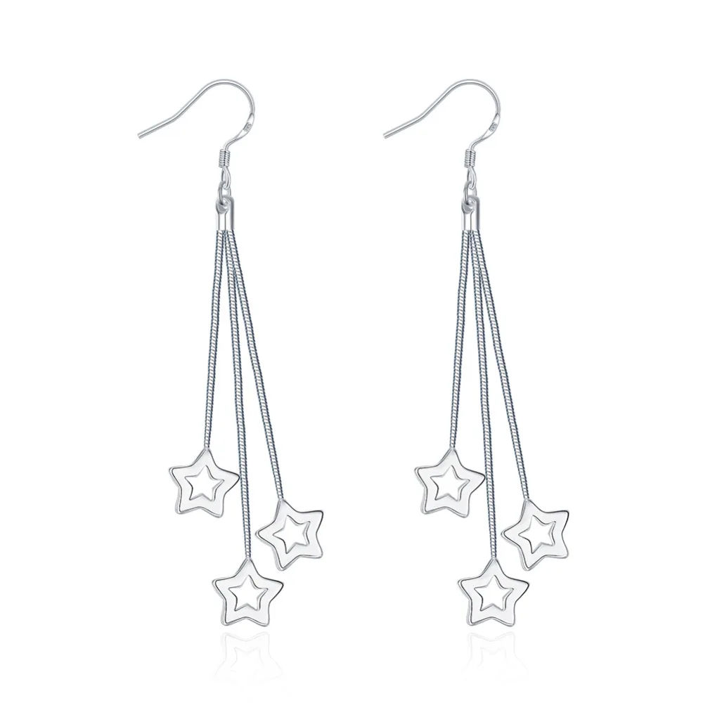 

Free Shipping!!Wholesale Silver Plated Earring,Wedding Jewelry Accessories,Fashion Triple Hollow Star Silver Earrings For Women
