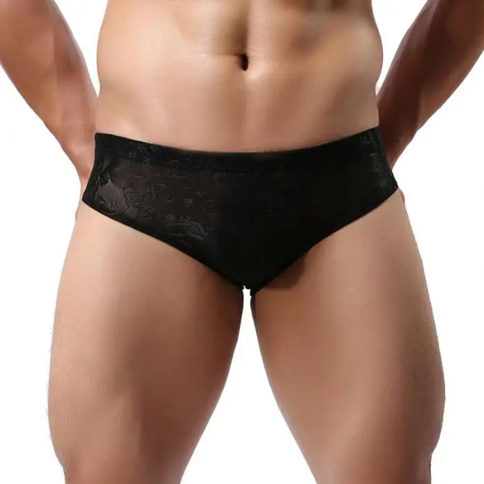 Newly Men Underwear Solid Color See-through Lace Low Waist Breathable Briefs BFE88