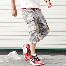 Летний стиль, мужские укороченные штаны, уличная одежда, камуфляж, много карманов, длина до середины икры, мужские брюки размера плюс, ABZ377