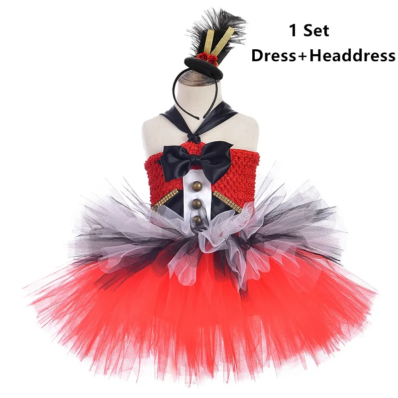 Платье-пачка для девочек в стиле цирка, Ringmaster Красное и черное, белое платье для дня рождения для девочек детские красивые платья для маскарада на Рождество/Хэллоуин, платье, костюмы - Цвет: Dress and Headdress