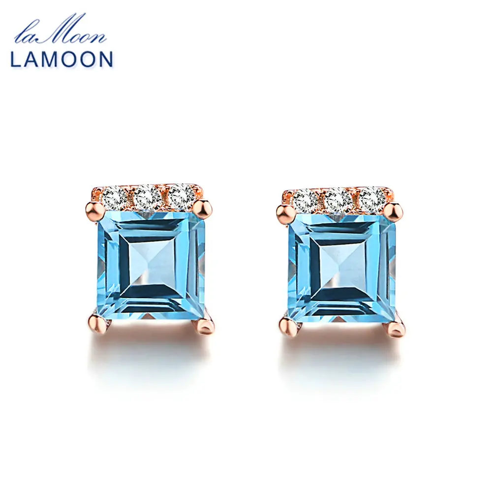 

LAMOON Simple Style 4mm 100% Square Natural Blue Topaz 925 sterling-silver-jewelry Stud Earring S925 LMEI046