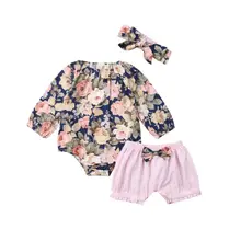 Повседневная одежда с цветочным рисунком для маленьких девочек комплекты из 3 предметов Одежда для новорожденных девочек цветастый комбинезон с длинными рукавами шорты с бантом головные уборы для детей от 0 до 24 месяцев