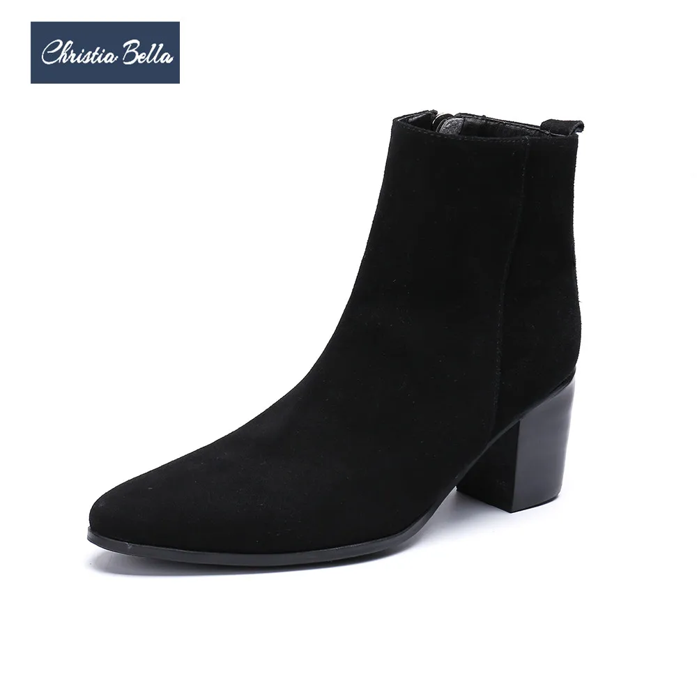 Christia Bella, зимнее пуховое пальто Для мужчин парадная обувь; замшевые кожаные туфли-лодочки на высоком каблуке; Черный острый носок ботильоны большой Размеры деловые, вечерние туфли